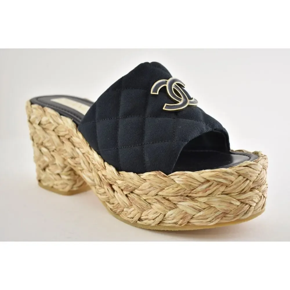 Chanel 25C Black Cotton CC Logo Platform Wedge Slide Block Heel Mule Sandal 40